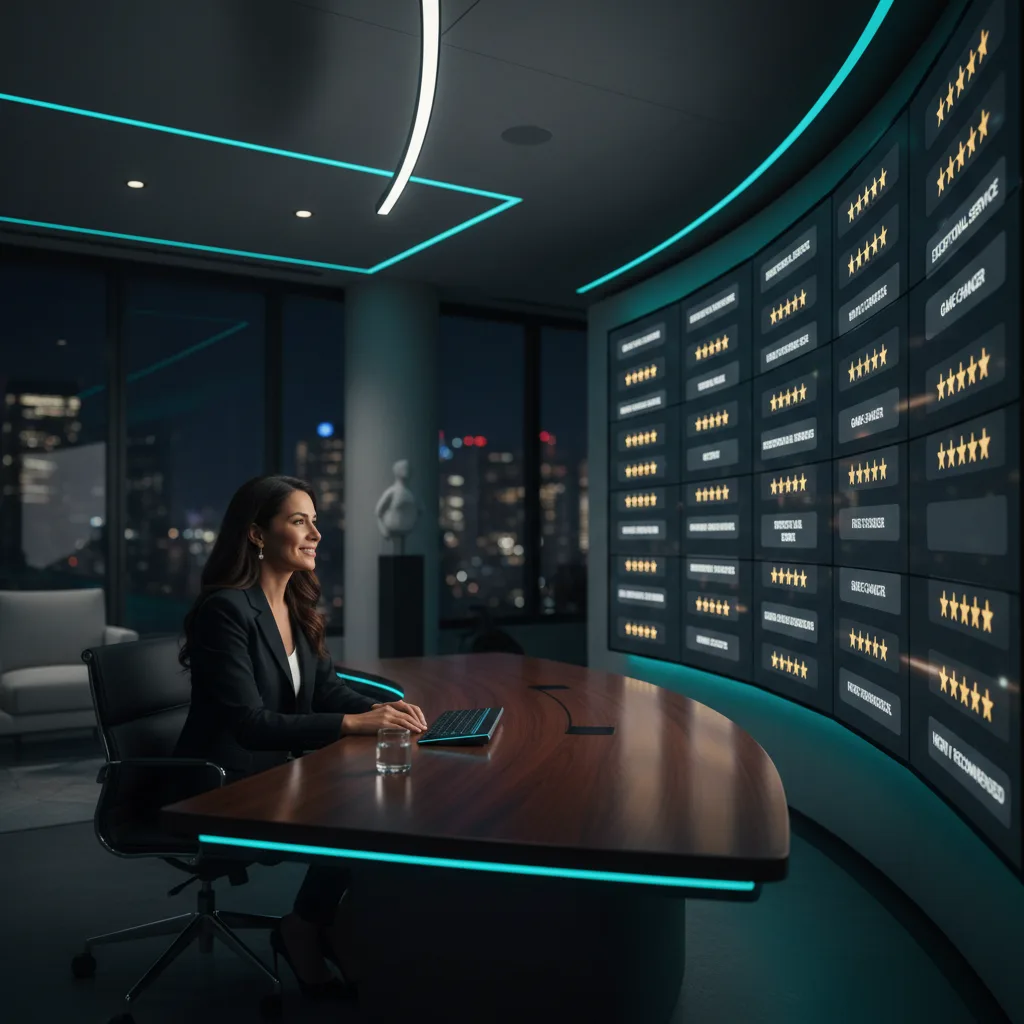 Woman at desk viewing reviews wall